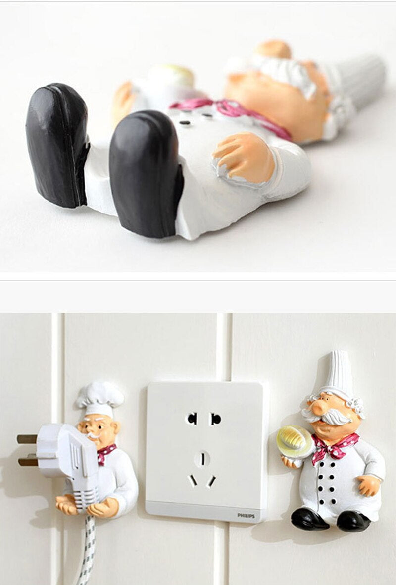 Cartoon Chef  Set of 2 Plug Holder Power Cord Socket Hanger Organizer Wall Hanging Hook Resin Kitchen Hooks Gadgets Self Adhesive Creative