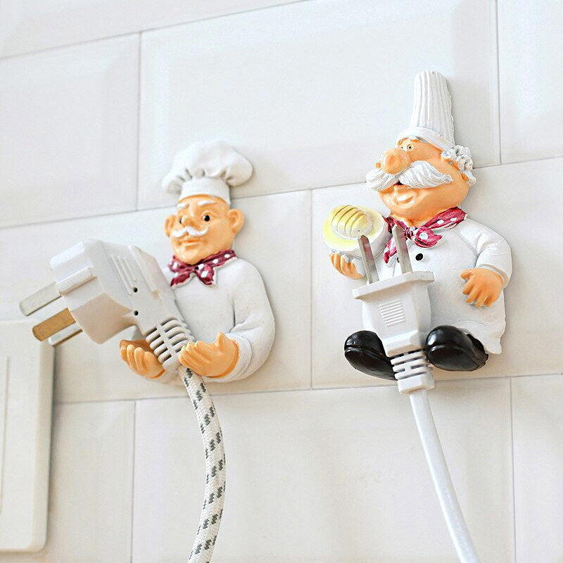 Cartoon Chef  Set of 2 Plug Holder Power Cord Socket Hanger Organizer Wall Hanging Hook Resin Kitchen Hooks Gadgets Self Adhesive Creative