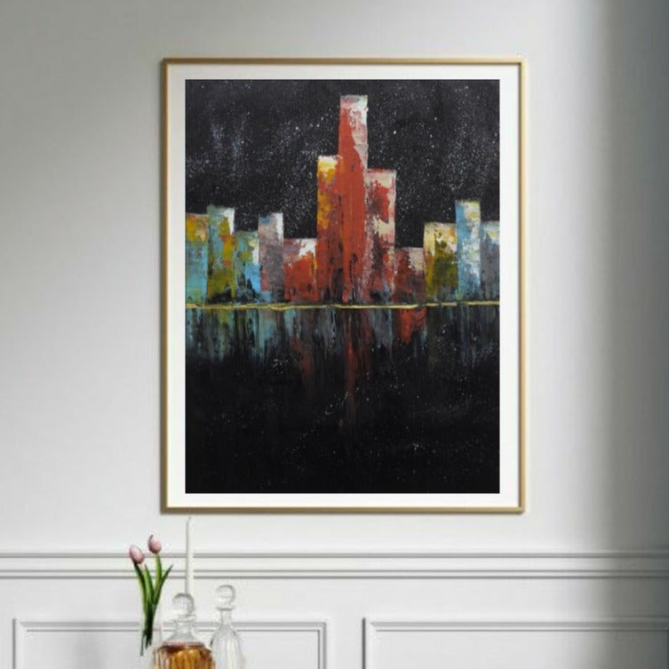 City in Dark, Acrylic on Canvas, Handmade Wall Painting - Deczo