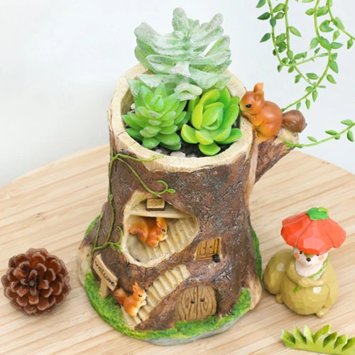 Squirrel Sitting on Tree house Resin Succulent Pot - Deczo