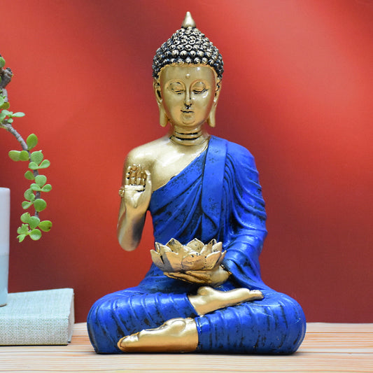 Blessing Buddha Holding Lotus Tealight Holder: Golden-Blue