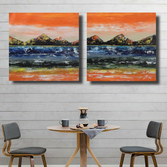 Split Mountain, Acrylic on Canvas, Handmade Wall Painting (Set of 2) - Deczo