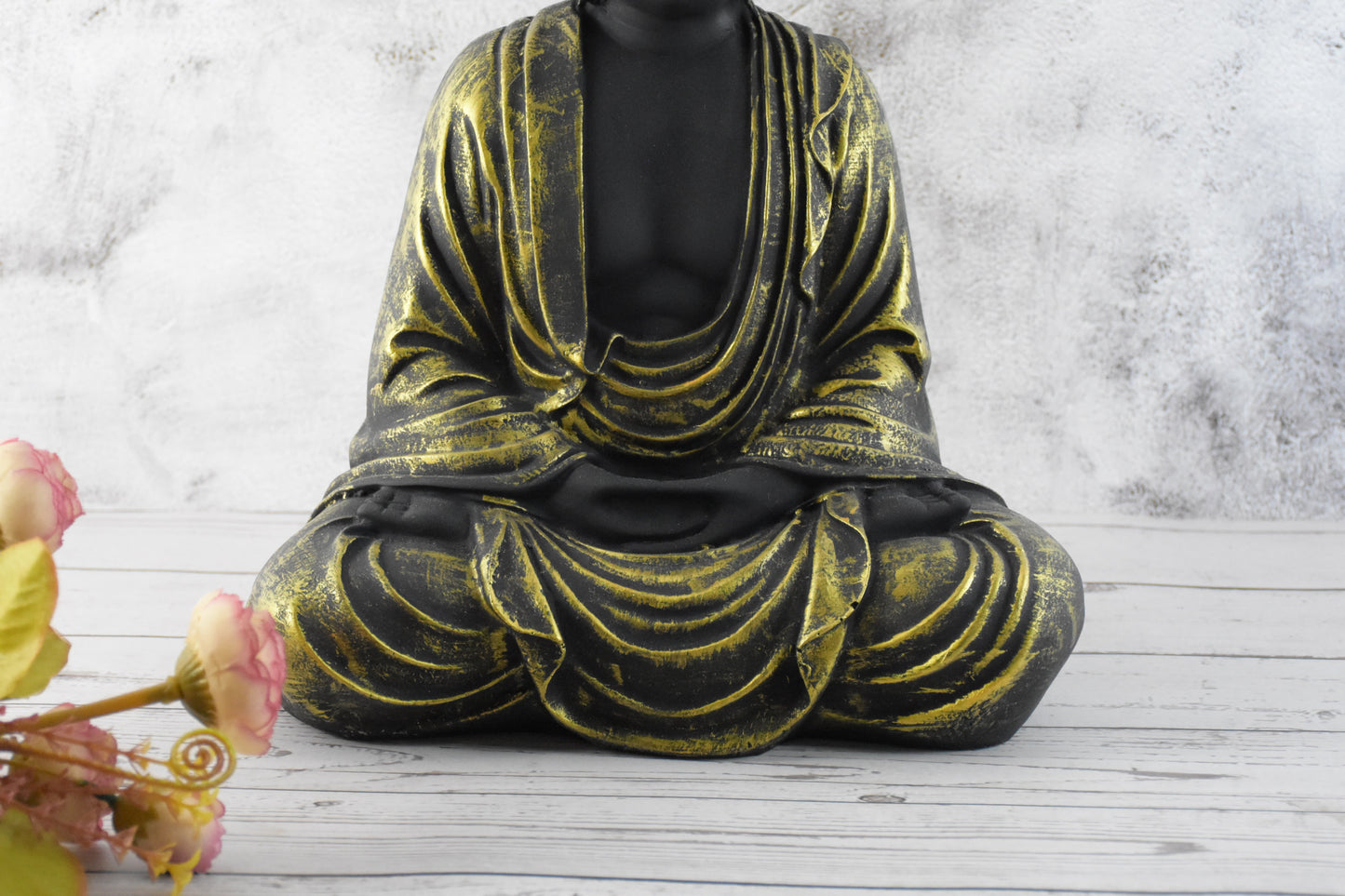 Hand Carved Sitting Buddha -35 CM, Black and Golden - Deczo
