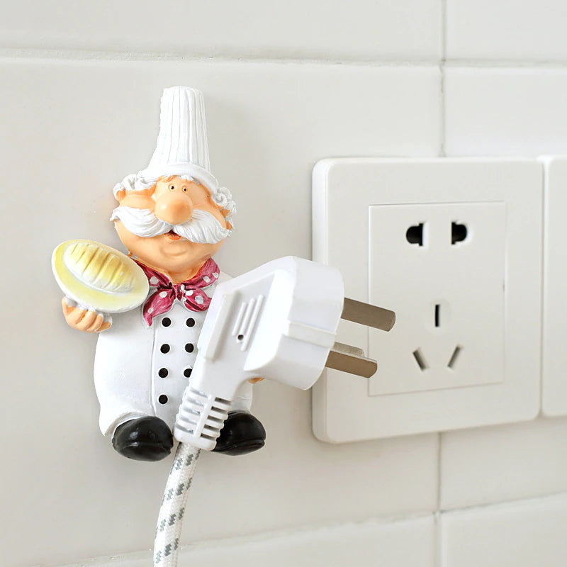 Cartoon Chef  Set of 2 Plug Holder Power Cord Socket Hanger Organizer Wall Hanging Hook Resin Kitchen Hooks Gadgets Self Adhesive Creative