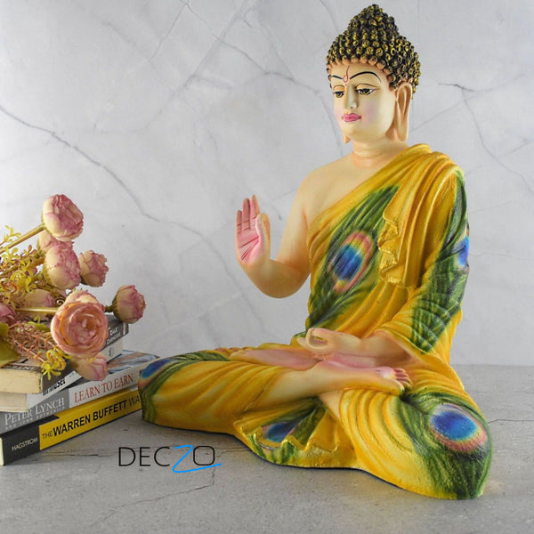 Peacock Feather Shade Big Size Meditating Buddha Idol - Deczo