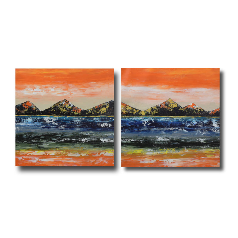 Split Mountain, Acrylic on Canvas, Handmade Wall Painting (Set of 2) - Deczo