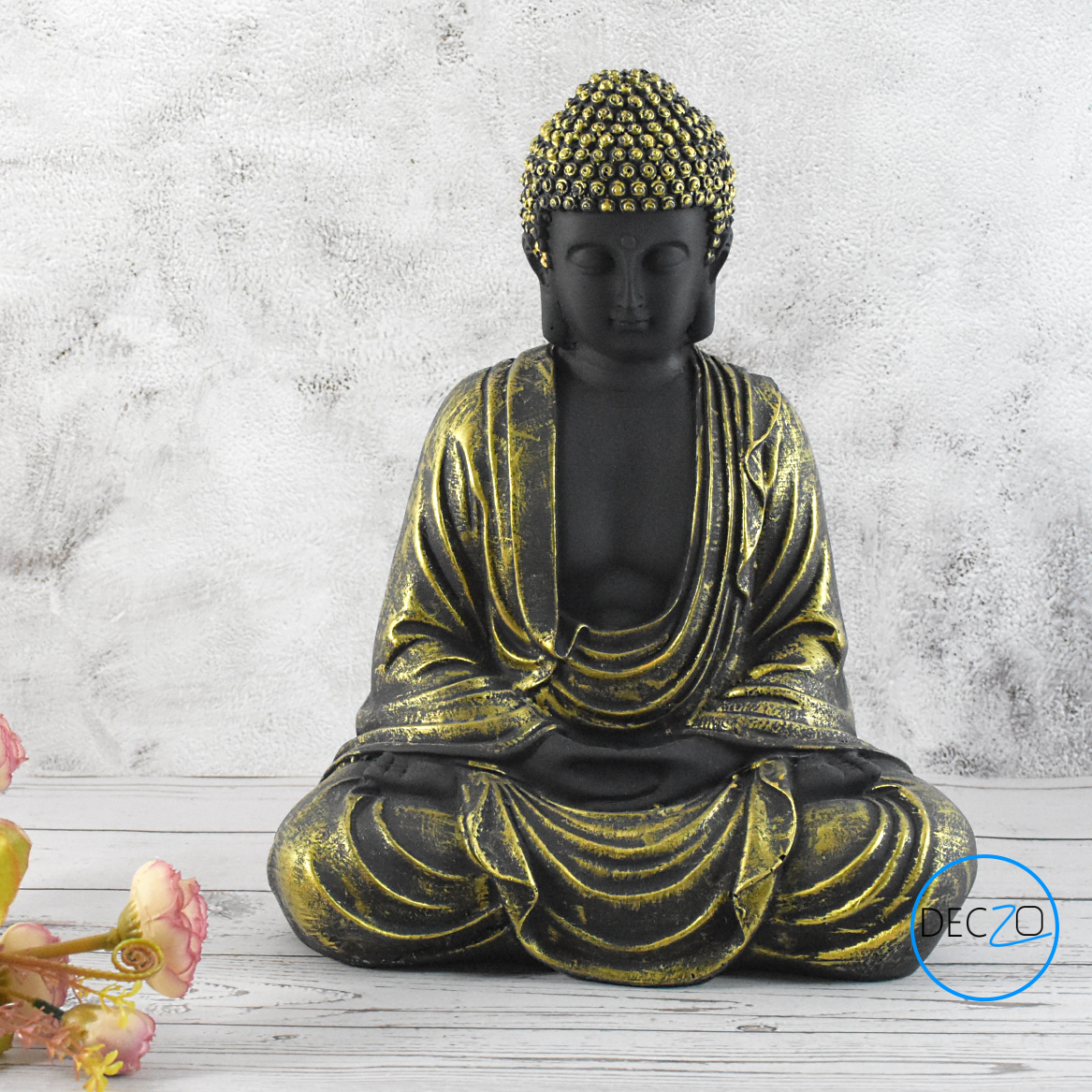 Hand Carved Sitting Buddha -35 CM, Black and Golden