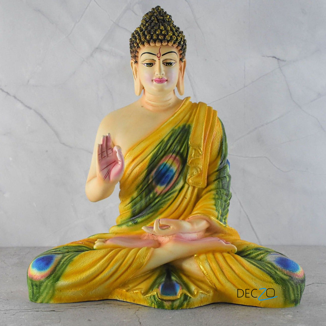 Peacock Feather Shade Big Size Meditating Buddha Idol - Deczo