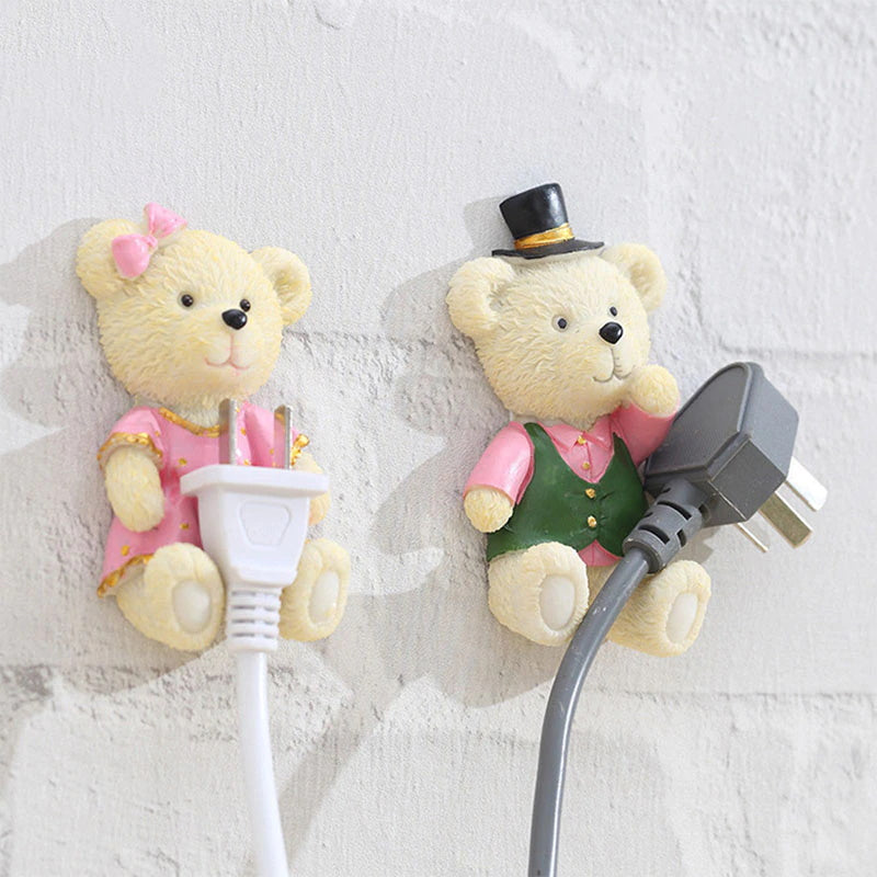 Cute Teddy Set of 2 Resin Adhesive Utility Wall Hooks Rack Hanger Sticky Plug Holder Decorative Storage Organizer – Model 1