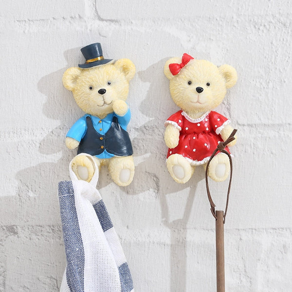 Cute Teddy Set of 2 Resin Adhesive Utility Wall Hooks Rack Hanger Sticky Plug Holder Decorative Storage Organizer – Model 2