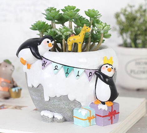 Cartoon Animal Penguins Celebrating Resin Succulent Pot - Deczo