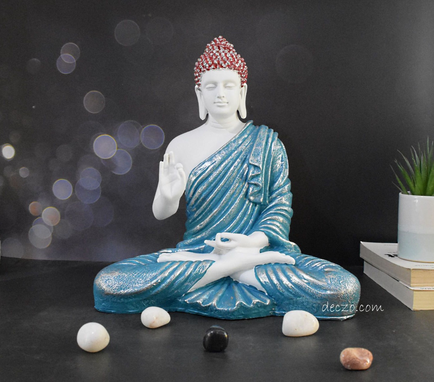 Silver Blend Turquoise Color Large Blessing Buddha Statue - Deczo