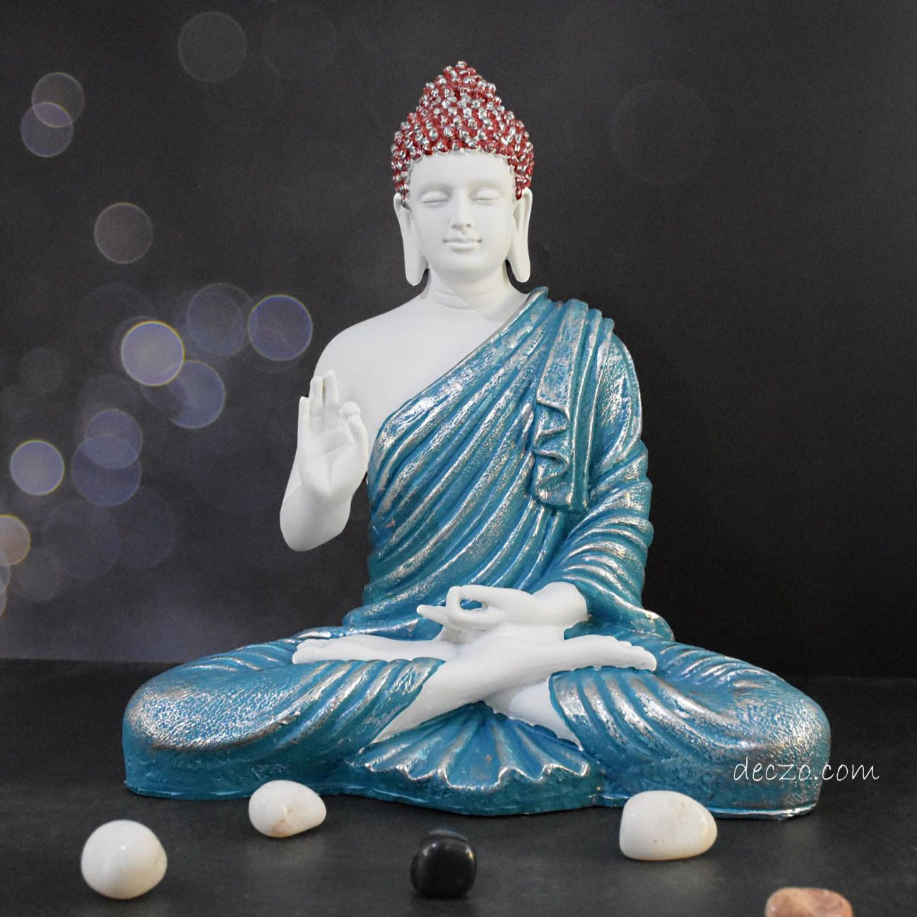 Silver Blend Turquoise Color Large Blessing Buddha Statue - Deczo