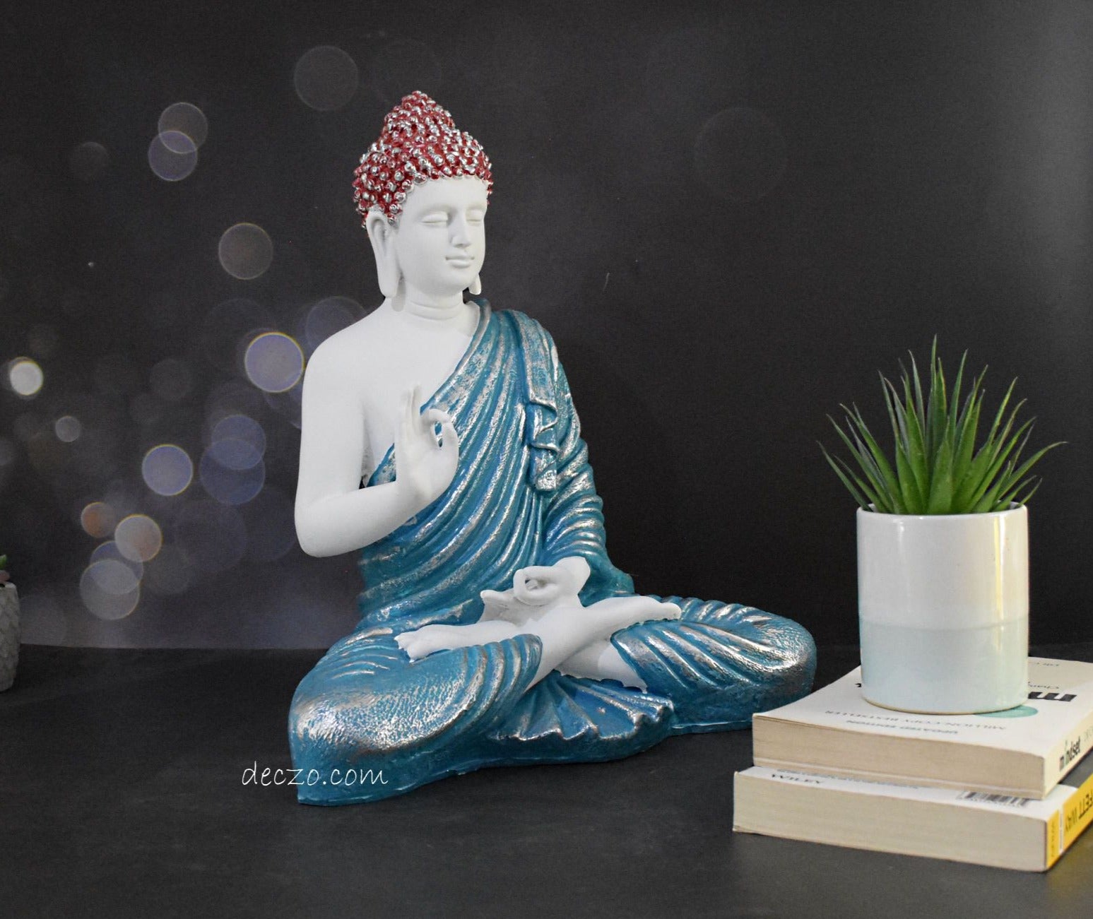 Silver Blend Turquoise Color Large Blessing Buddha Statue - Deczo