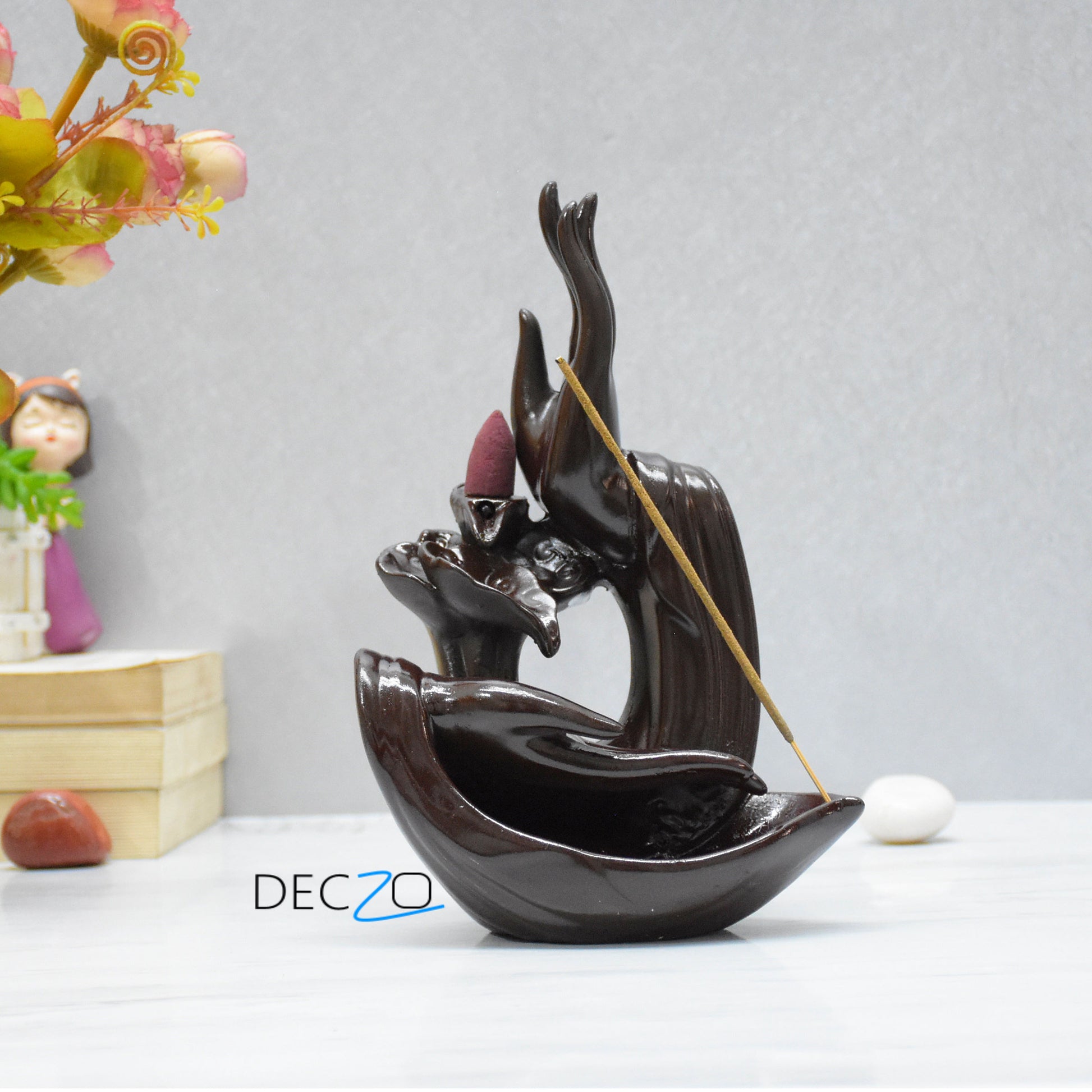 Buddha  Blessing Hand Incense Holder & Backflow Burner: Brown - Deczo