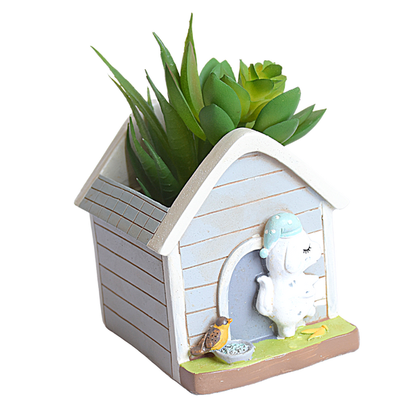 Hut with Puppy and Bird Resin Succulent Pot  for Garden,Decor, Kids Room,Gift - Deczo