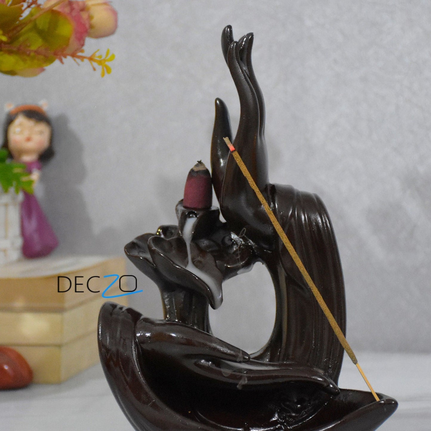 Buddha  Blessing Hand Incense Holder & Backflow Burner: Brown - Deczo