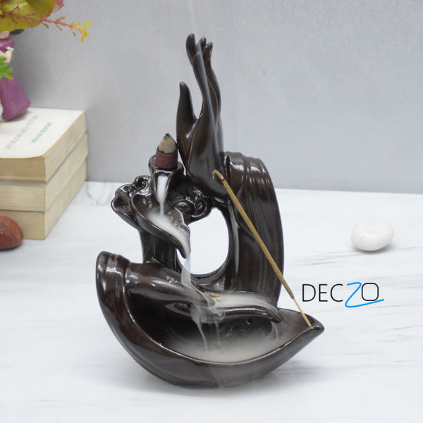 Buddha  Blessing Hand Incense Holder & Backflow Burner: Brown - Deczo