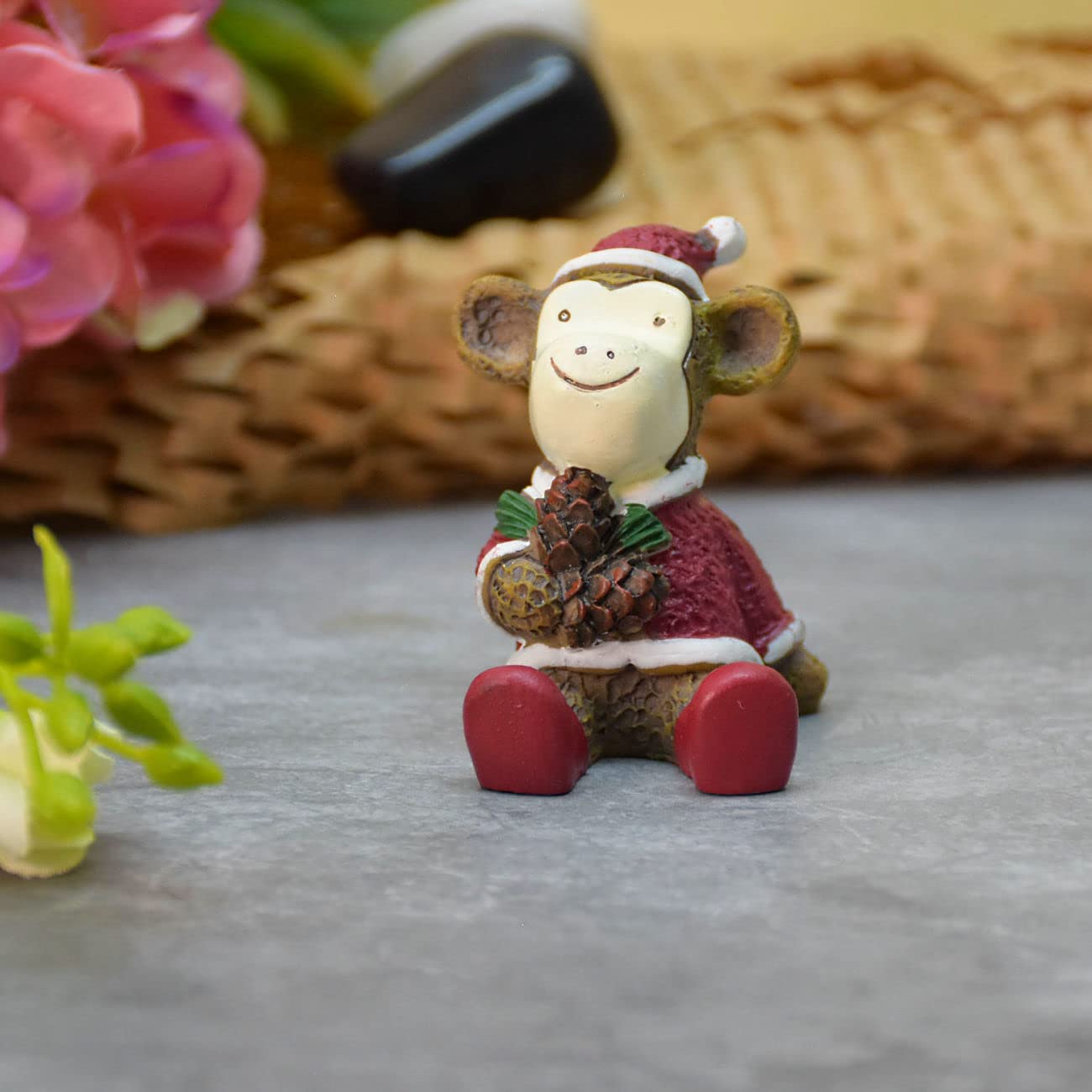 Miniature Cute Monkey with Pine Cone Garden Decor , Table Decor, Gift, Dashboard (4x4x5 cm)