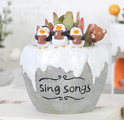 Joyful Penguins  Singing Resin Succulent Pot - Deczo