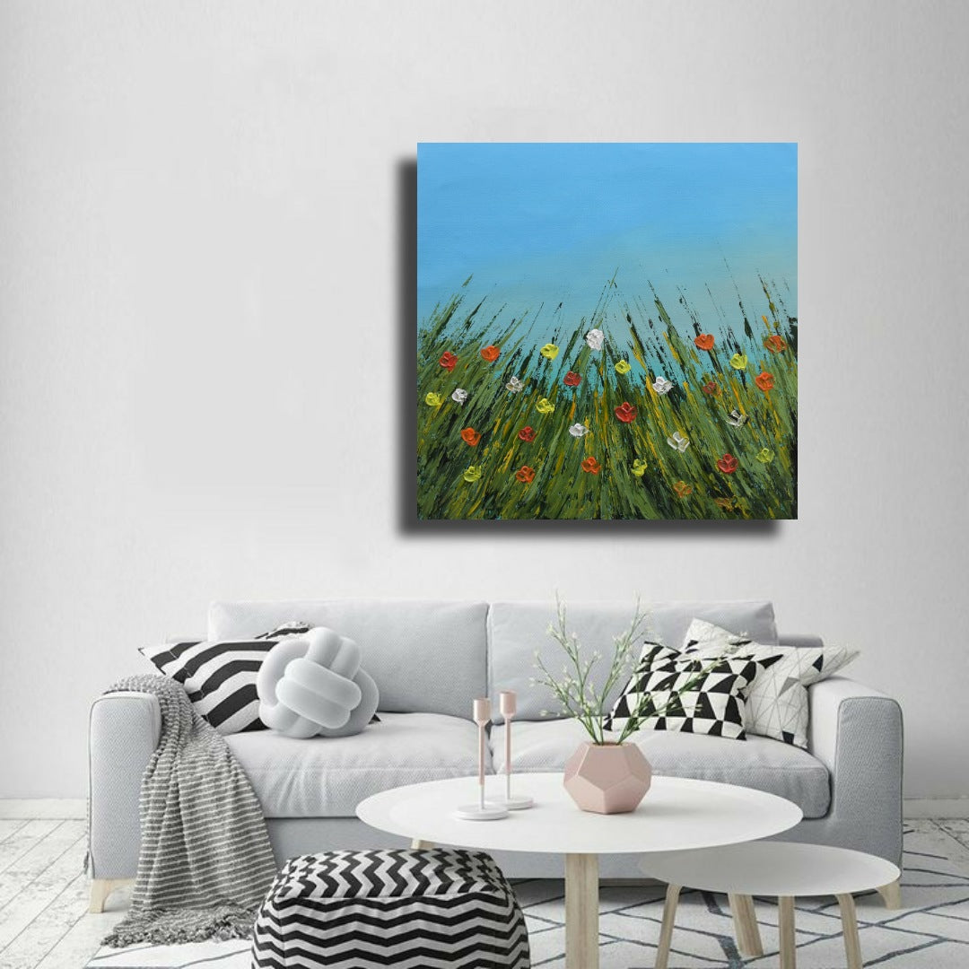 Meadows 3, Acrylic on Canvas, Handmade Wall Painting : 23x23 inches - Deczo