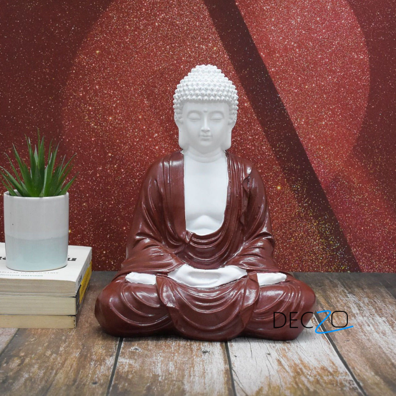 Hand Carved Sitting Buddha: White-Brown - Deczo