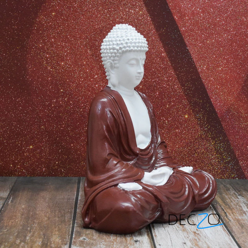 Hand Carved Sitting Buddha: White-Brown - Deczo