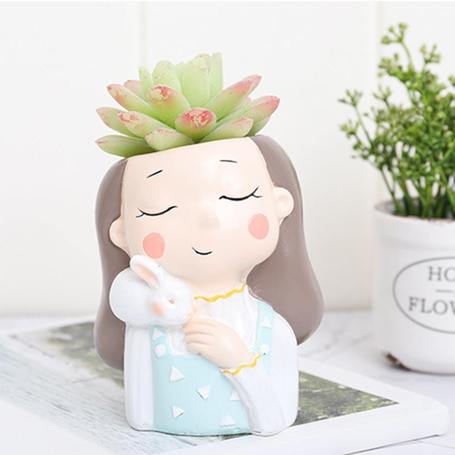 Girl With Rabbit Resin Succulent Pot - Deczo