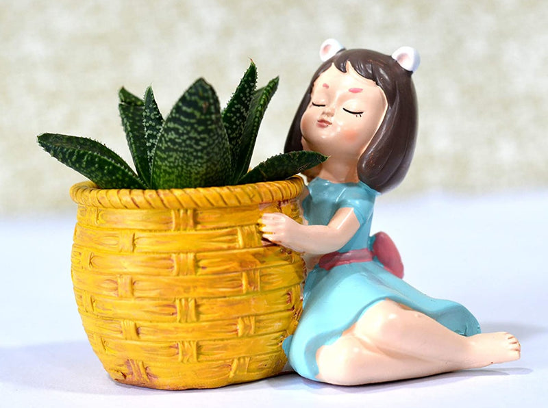 Dreaming Girl With Yellow Basket Resin Succulent Pot - Deczo
