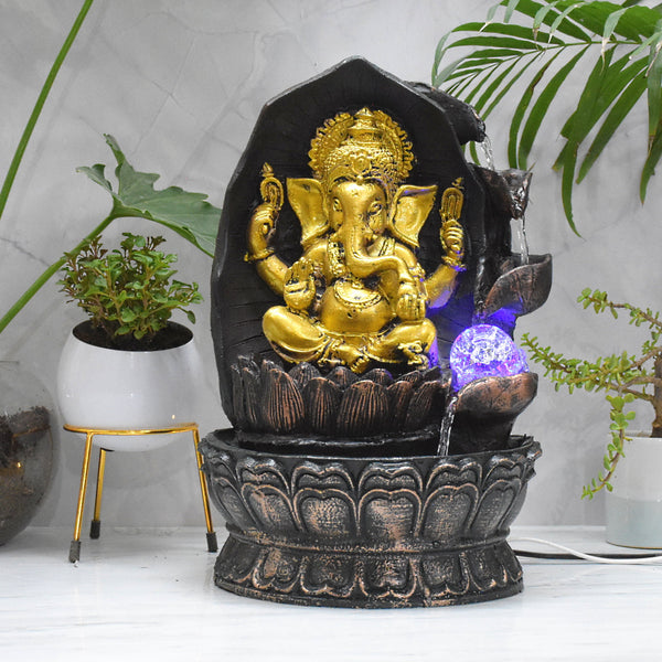 Ganesha Sitting on Lotus Water Fountain  : 37 CM, Copper