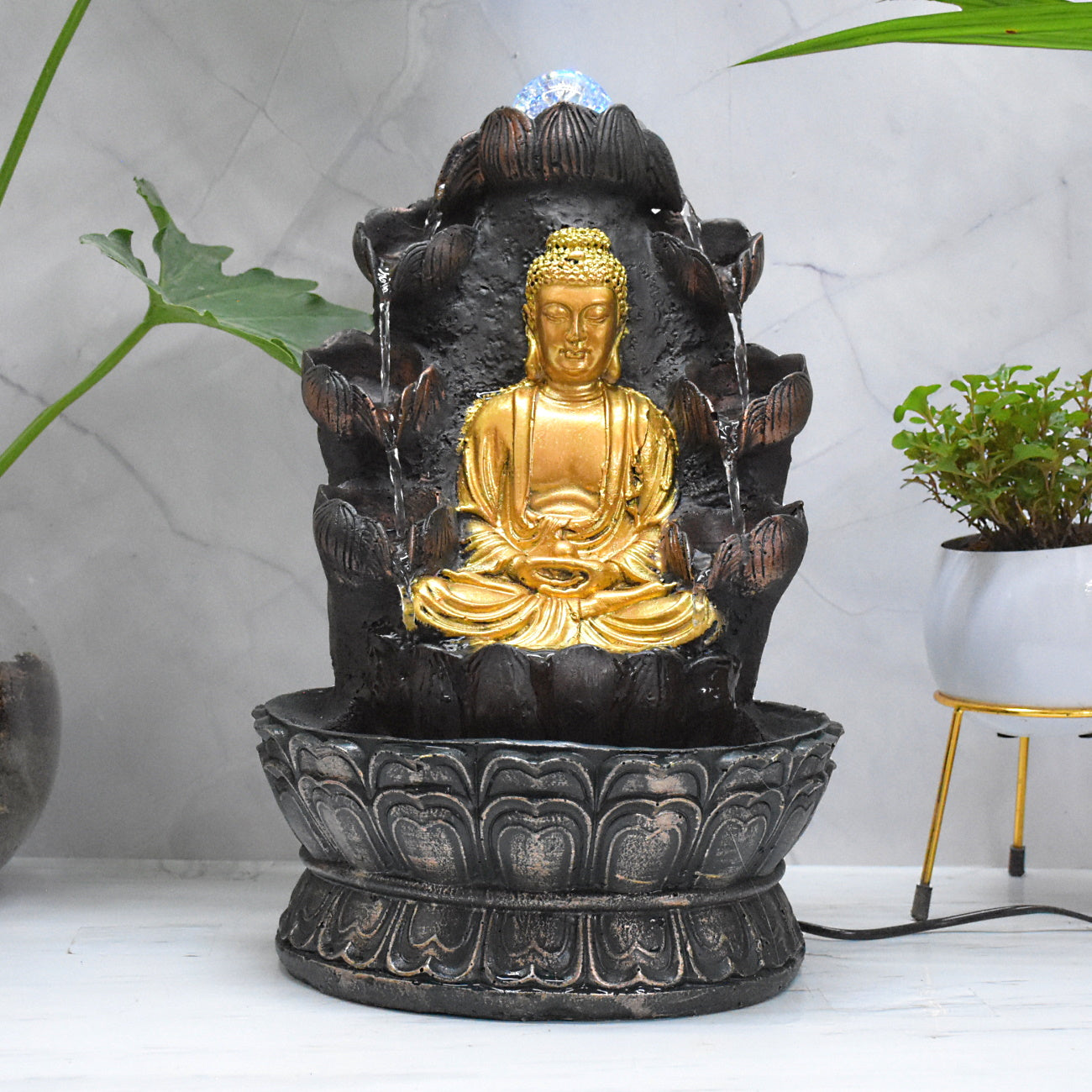 Double Cascade Meditating Buddha Electric Water Fountain  : 37 CM, Copper