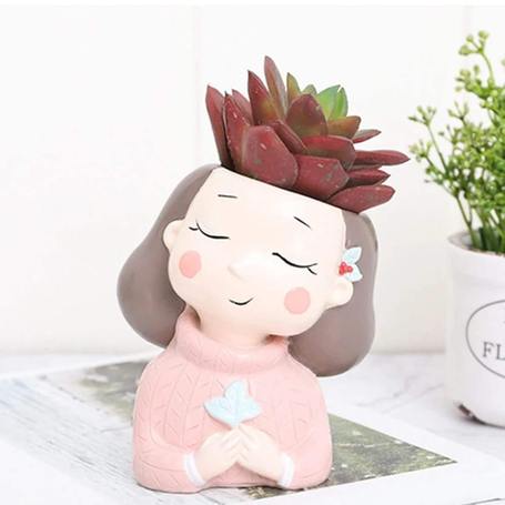 Wishful Nostalgia Girl in Pink Sweater Resin Succulent Pot - Deczo