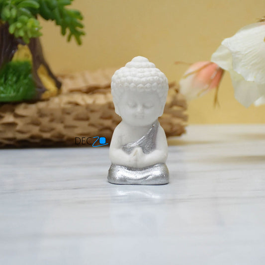 Cute Child Buddha Idol for Table, Return Gift, Dashboard: White Silver - Deczo