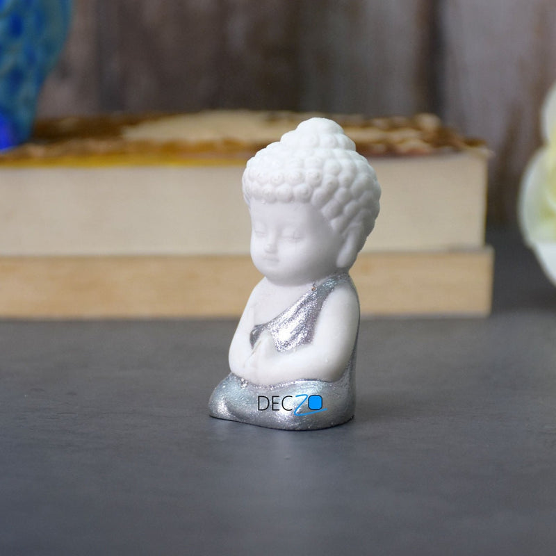 Family of Child Buddha Idol for Table, Return Gift, Dashboard: White and Multicolor - Deczo