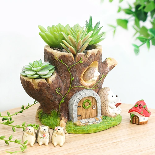 Hedgehog Reading Under Tree-house Resin Succulent Pot - Deczo