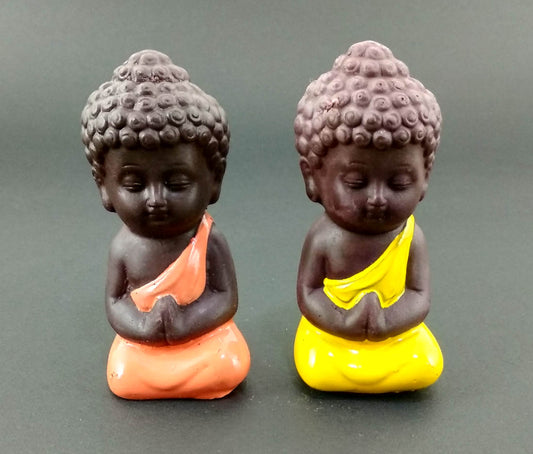 Brown Base Set of 2 Miniature Buddha Orange and Yellow - Deczo