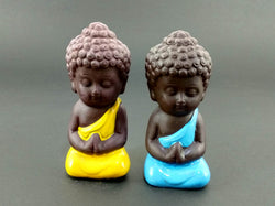 Brown Base Set of 2 Miniature Buddha Yellow and Blue - Deczo