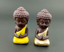 Brown Base Set of 2 Miniature Buddha Yellow and Golden - Deczo