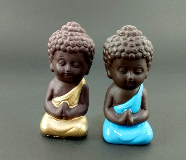 Brown Base Set of 2 Miniature Buddha Golden and Blue - Deczo