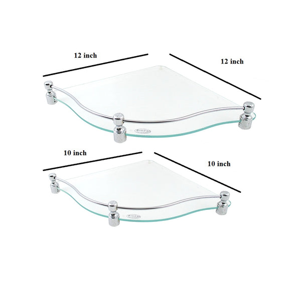 Brass F Brackets  Combo  of  Zig-Zag Shape 12 by 12 inch and 10x 10 inch Glass Corner Shelf - Deczo