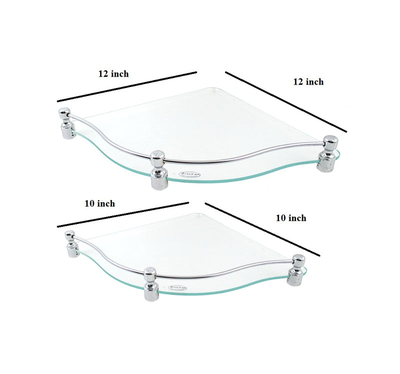 Brass F Brackets  Combo  of  Zig-Zag Shape 12 by 12 inch and 10x 10 inch Glass Corner Shelf - Deczo