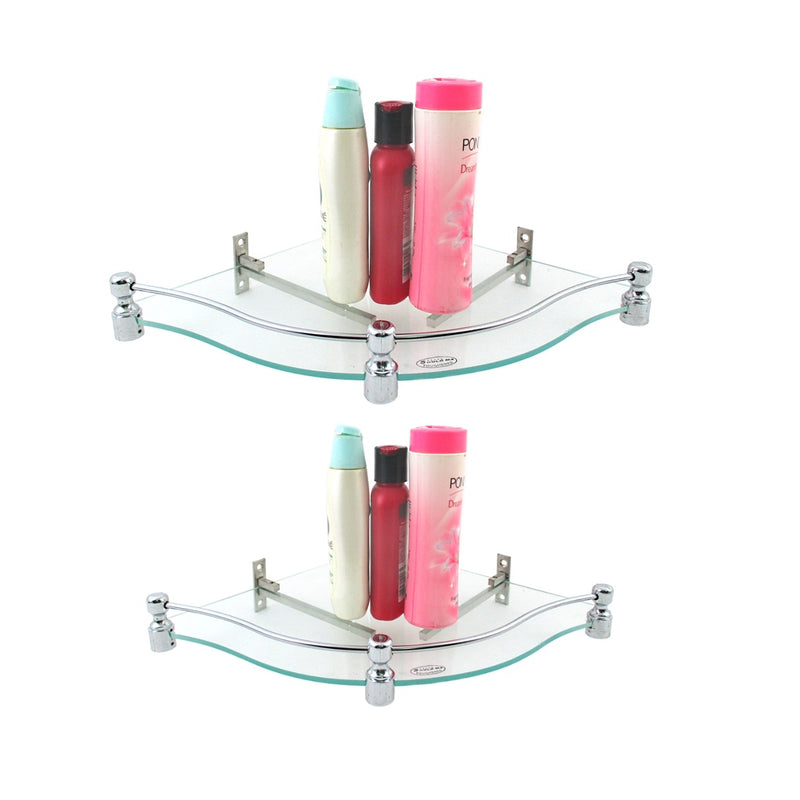Brass F Brackets  Combo  of  Zig-Zag Shape 12 by 12 inch and 10x 10 inch Glass Corner Shelf - Deczo