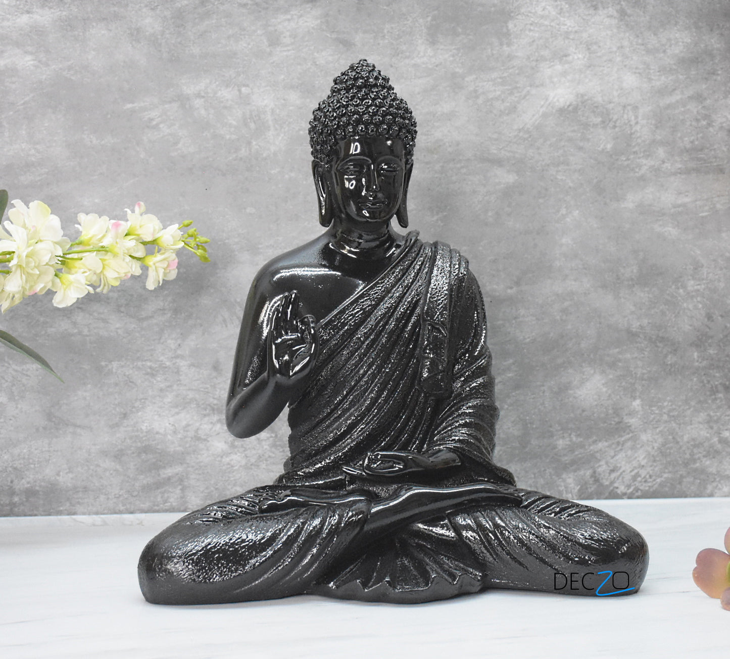 The Healing Spirit Blessing Buddha Statue : 1.25 Feet, Glossy Black
