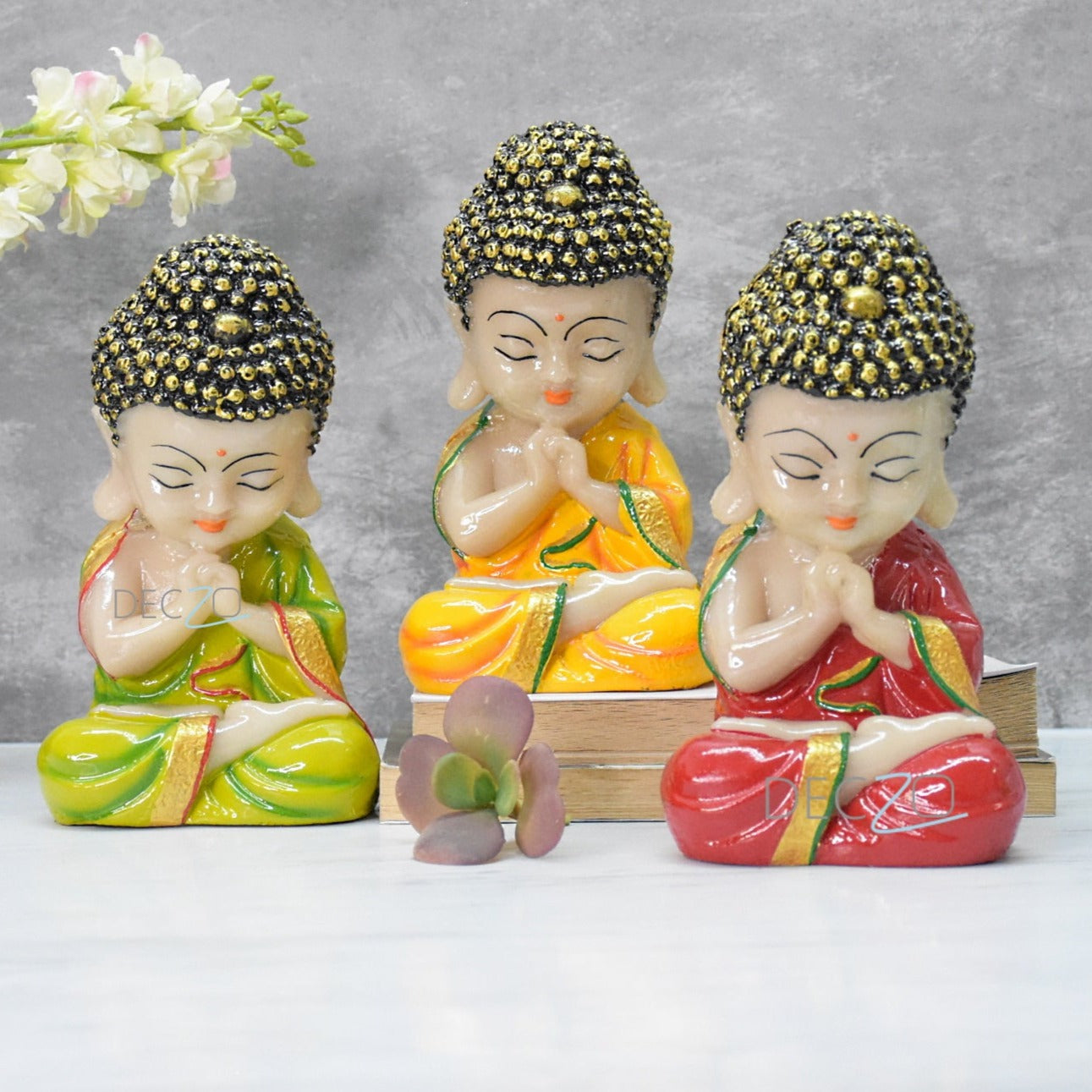 Set of 3 Marbel Buddha in Thinking Position : 19x10x9 CM, Green,Yellow,Red