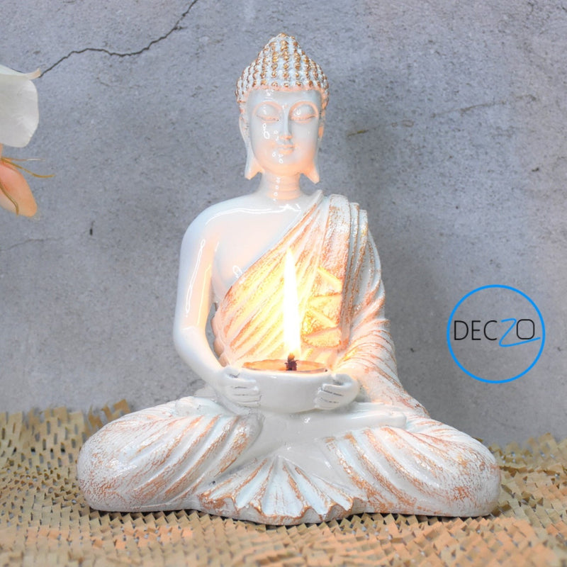 Meditating Buddha Tealight Holder : 21CM, White