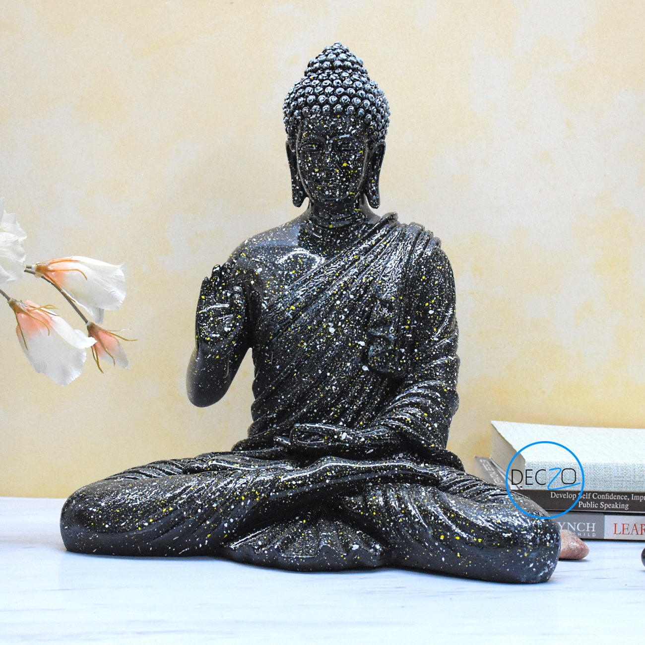 1.25 Feet Blessing Buddha Idol for Indoor and Outdoor : Black with Colorful Dotted Spray