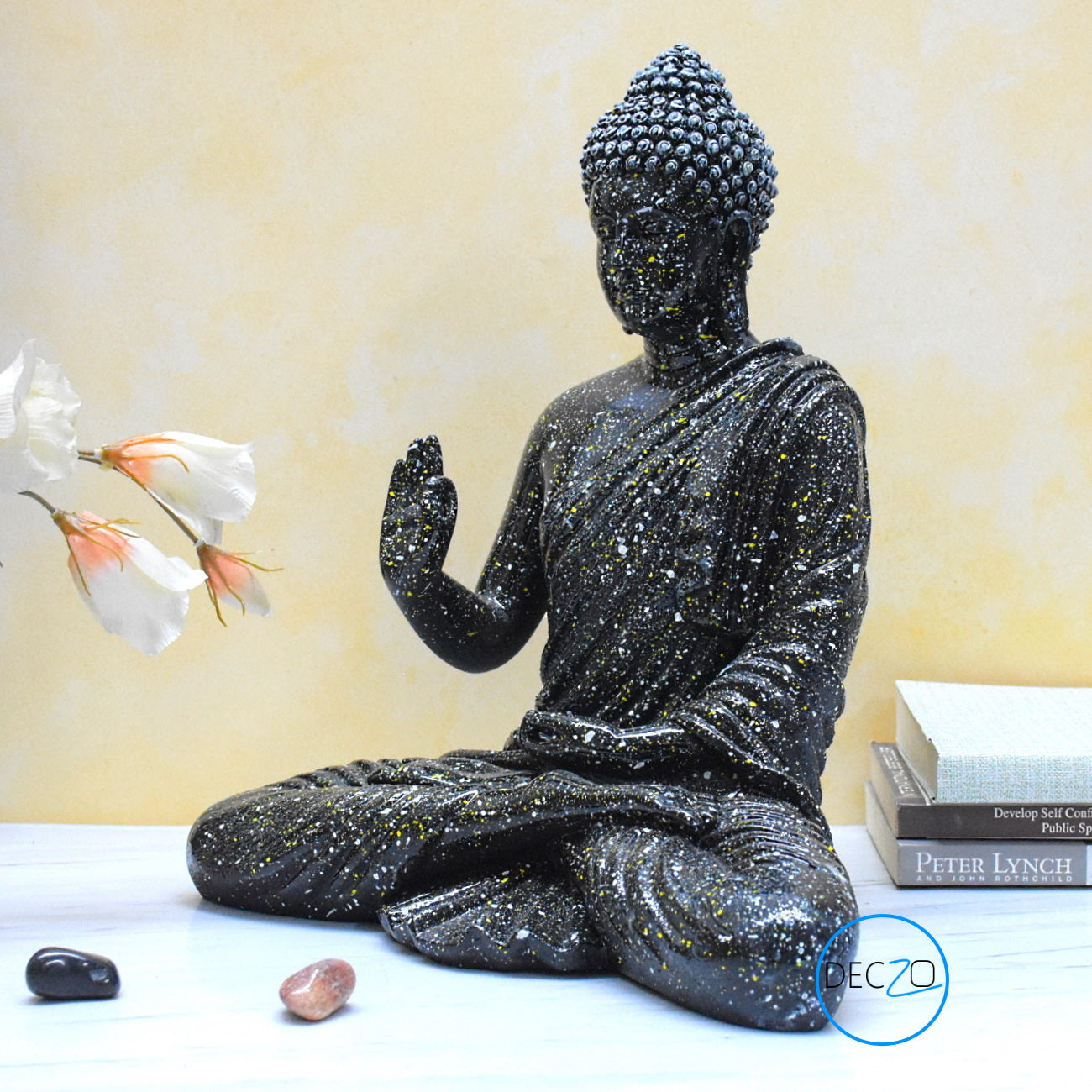 1.25 Feet Blessing Buddha Idol for Indoor and Outdoor : Black with Colorful Dotted Spray