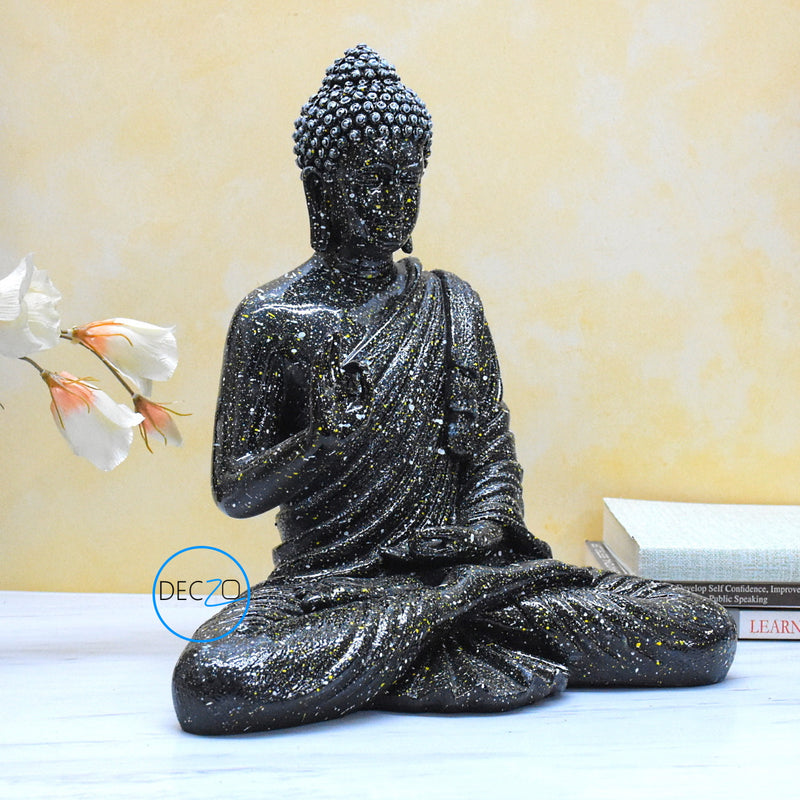 1.25 Feet Blessing Buddha Idol for Indoor and Outdoor : Black with Colorful Dotted Spray