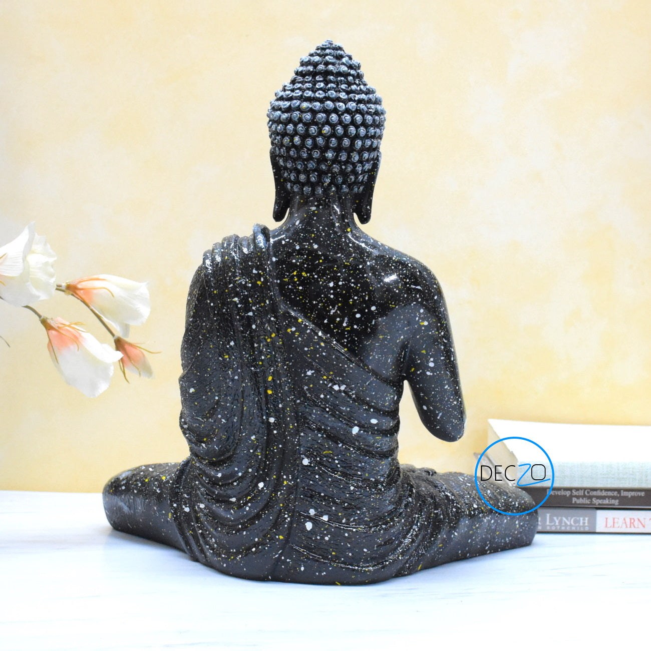 1.25 Feet Blessing Buddha Idol for Indoor and Outdoor : Black with Colorful Dotted Spray