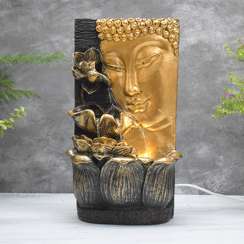 Buddha Face with Lotus Wall and Table Water Fountain : 37 CM, Golden